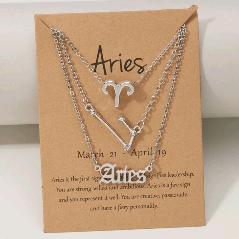 Zodiac 3 Piece Silver Tone Charm Necklace, Aries - Picture 4 of 4